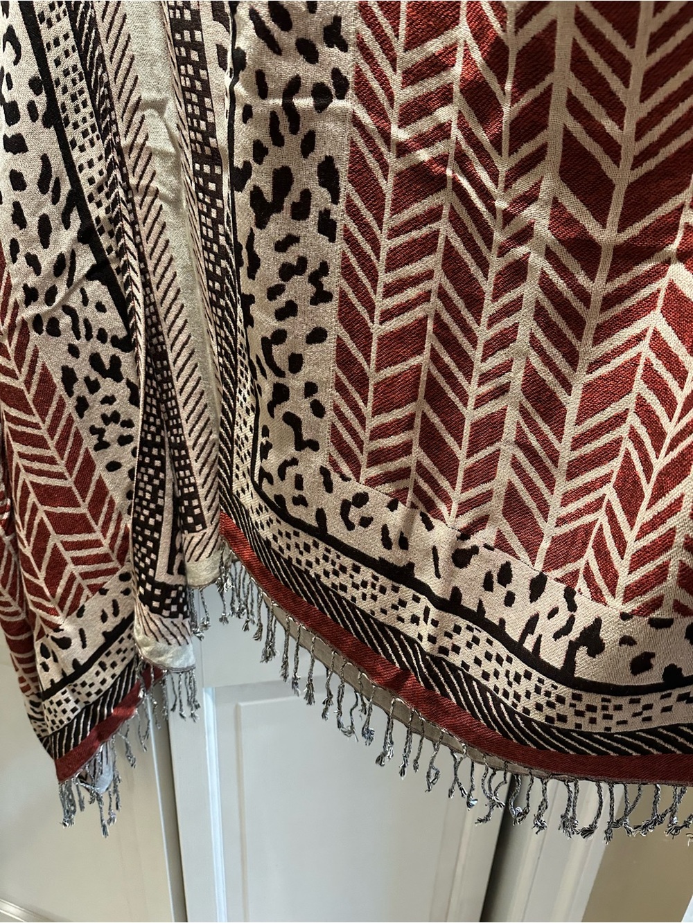 Chico's Open-Front Patterned Ruana in Rust, Black & Cream - Picture 4 of 5